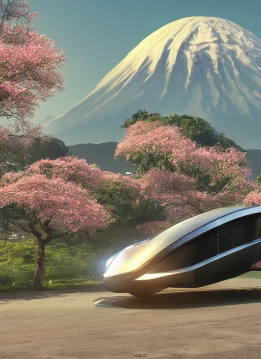 Prompt: a futuristic magical solarpunk tesla cyber truck vehicle hover craft in the future of 2 0 8 9 futuristic version, dieselpunk look, elegant automotive parts shape, aero dynamic, digital art. trending on artstation. cyberpunk look hovering by mount fuji early in the morning with a few blossom trees around, high quality photo