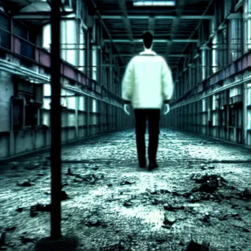 Image similar to runaway replicant standing in a dirty abandoned factory, still from closed circuit tv footage, high angle