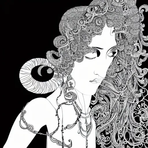 Image similar to filigree detailed illustration of a profile of gypsy girl with long curly hair and big goat horns, aubrey beardsley, tomer hanuka, makoto shinkai