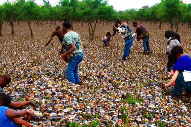 Image similar to sugondese people sorting a giant pile of compact discs within a tree nut field