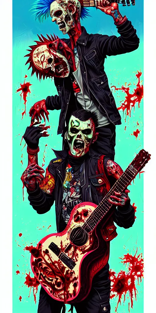 Prompt: a zombie punk rocker with a mohawk holding an acoustic guitar, tristan eaton, victo ngai, artgerm, rhads, ross draws