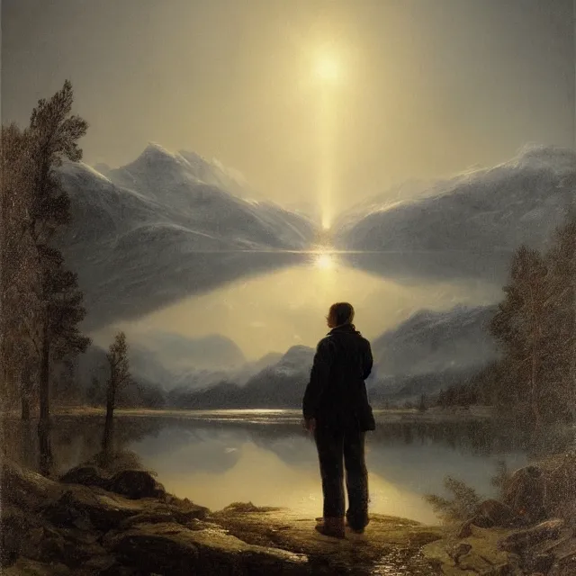 Prompt: A beautiful!!! painting of A man standing in a lake at night looking at the snow-capped mountains in the distance, beautiful!!!!! sky,Landscapes,Tyndall effect.hyper detailed,8K Resolution.In style of Greg Rutkowski, by gustav doré,oil on canvas