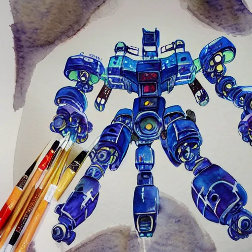 Image similar to an intricate water colour painting of a giant anime robot with rounded and circular parts