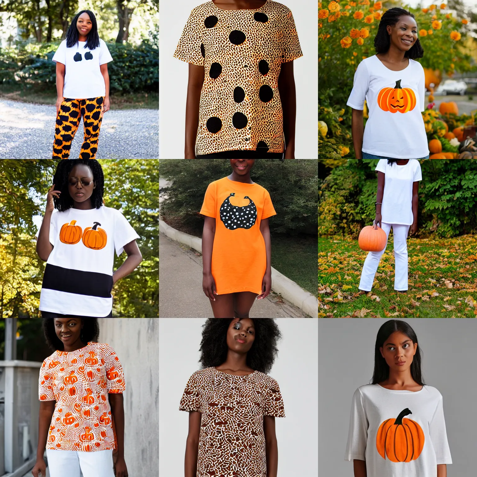 Prompt: a plain white t-shirt marimekko pumpkin Chitenge