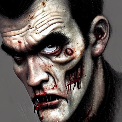 Prompt: portrait of a young and handsome zombie morrissey as a zombie with cuts and with a large quiff and thick eyebrows, 7 days to die zombie, realistic proportions, fine art, award winning, intricate, elegant, sharp focus, cinematic lighting, digital painting, 8 k concept art, art by z. w. gu, art by brom, art by michael hussar, 8 k
