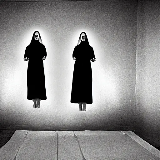 Prompt: nightmare vision, black and white, award winning photo, levitating twin nuns, wearing translucent sheet, in a sanctuary, eerie, frightening —width 1024 —height 1024