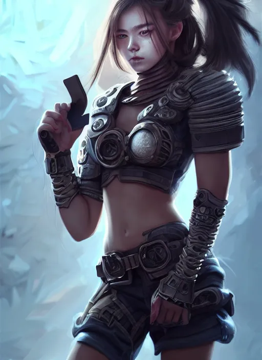 Image similar to full body portrait of a uniformed berserker girl with technical devices. detailed face, concept art, digital art, intricate, highly detailed 8 k, smooth, sharp focus, beautiful and aesthetic shape of face and body, artgerm, artstation, art by zexi guo and nira and kafun and gharliera and rinotuna