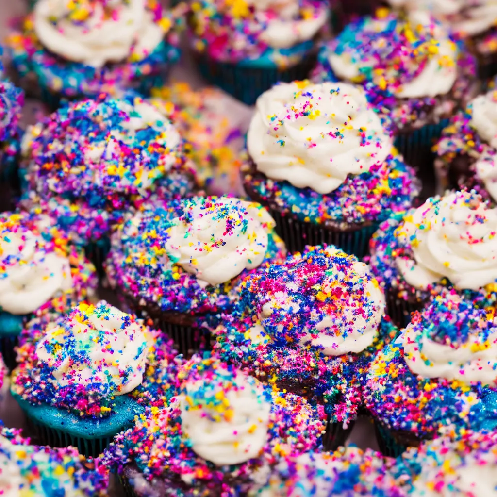 Prompt: macro photo of galaxy cupcakes with creme topping, photorealistic, dynamic lighting, bokeh, Canon 85mm vintage lens