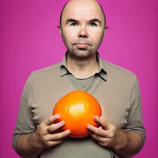 Prompt: award winning portrait of Karl Pilkington holding an orange, on the cover of a magazine, Hasselblad photograph, soft focus, f1.2, pink background