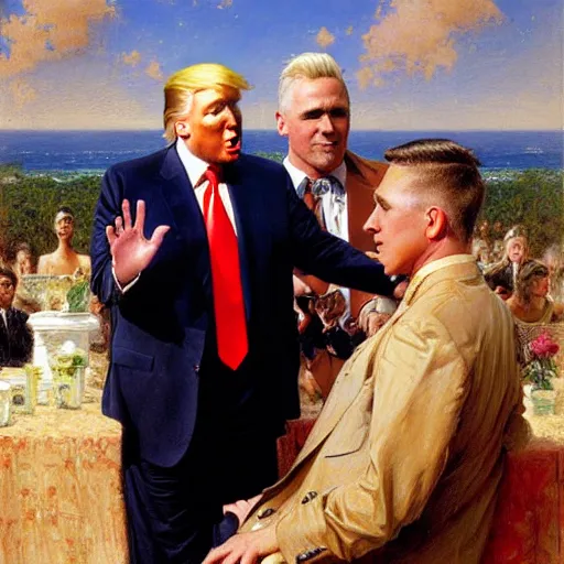 Image similar to attractive fully clothed donald trump confesses his love for his attractive roger stone. highly detailed painting by gaston bussiere and j. c. leyendecker 8 k