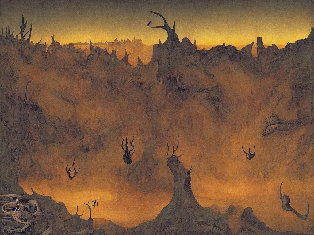 Image similar to Portrait of strange humanoid animal with antlers, snout, moth wings, mat antennae entering the toxic, phosphorescent river flowing from the factory. Apocaliptic skies. The glowing rock in the lithium desert. Painting by Jan van Eyck, Rene Magritte, Jean Delville, Max Ernst, Beksinski