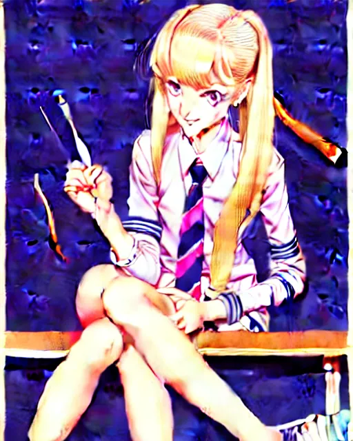 Image similar to illustration depicting a wealthy young mischievous female prep school student with medium length bright blonde hair and pale skin, in an old study room smoking her dad's cigarettes, complex artistic color ink pen sketch illustration, subtle detailing, illustrated by Artgerm and Range Murata.