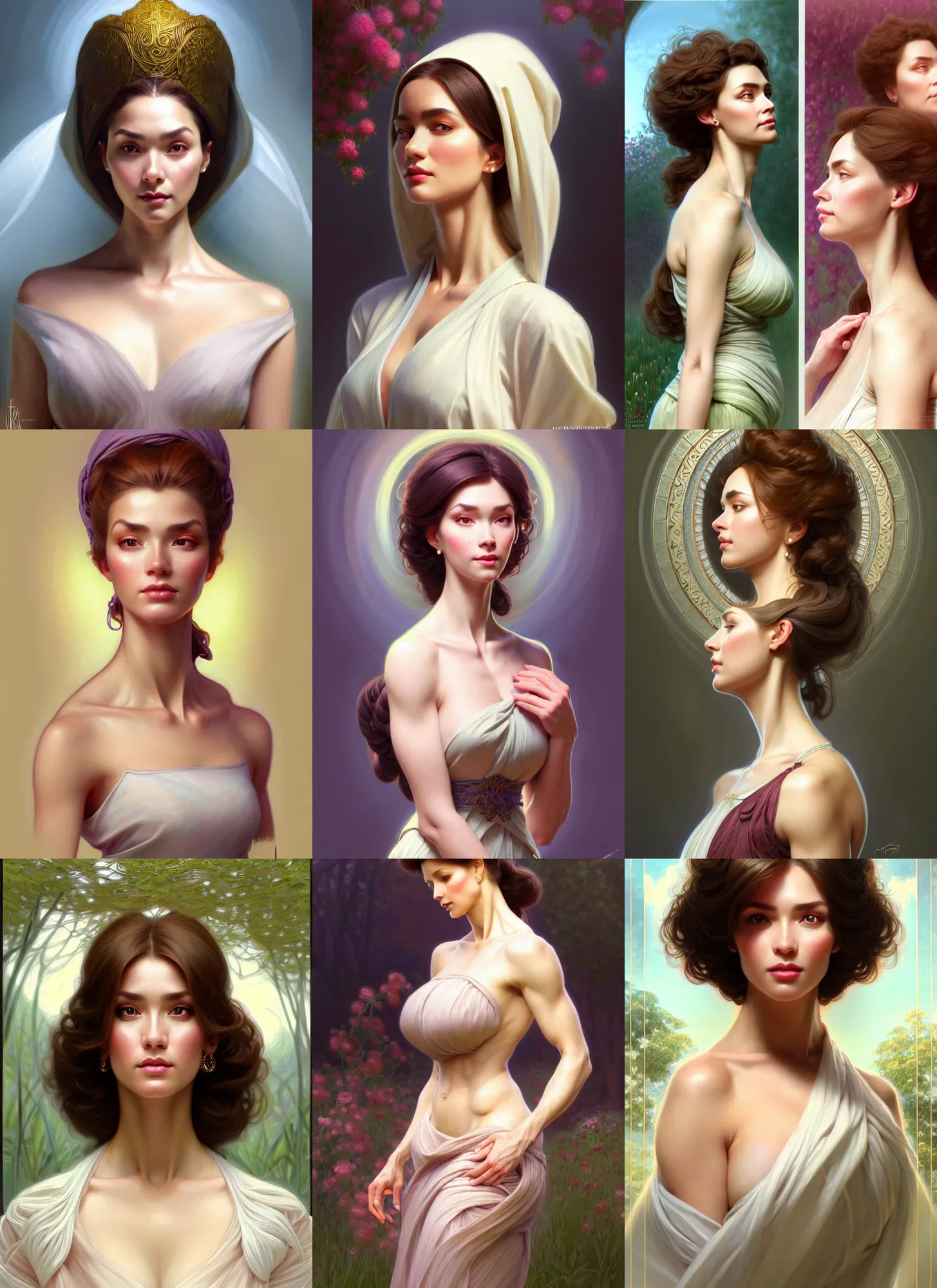 Image similar to character concept portrait of me as modest wife blessed by god to grow ever - more intelligent beautiful voluminous muscular tall healthy and alive. modestly clothed, in garden, intricate, elegant, highly detailed, digital painting, artstation, concept art, symmetry, smooth, sharp focus, illustration, art by artgerm and rutkowski and mucha