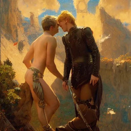 Image similar to attractive male arthur pendragon confesses his love to attractive male merlin. highly detailed painting by gaston bussiere, craig mullins, j. c. leyendecker 8 k