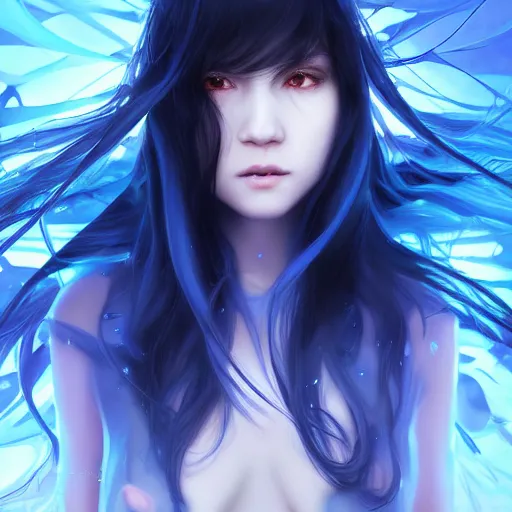Image similar to advanced digital portrait painting photograph, a anime girl traversing liminal space, full body, very long black hair, azure blue watery eyes, full round face, cinematic lighting, medium shot, mid-shot, highly detailed, trending on artstation, Unreal Engine 4k, Stanley Artgerm Lau, WLOP, Rossdraws, James Jean, Andrei Riabovitchev, Marc Simonetti, and Sakimichan