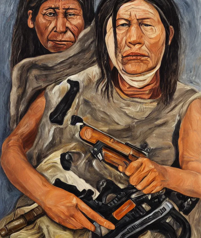 Image similar to indigenous woman with a gun, painted by lucian freud, hd, super detailed, realistic, muted colors