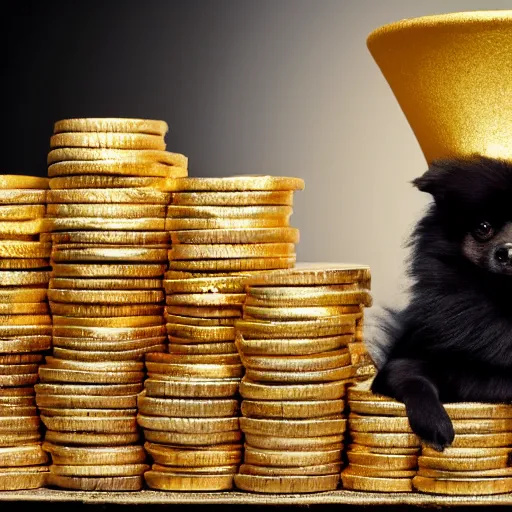 Image similar to A pomeranian wearing a top-hat, sitting on top of a large pile of gold coins