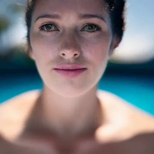 Image similar to close up portrait of beautiful woman half emerged in a swimming pool glaring in the camera, f1.8 50mm