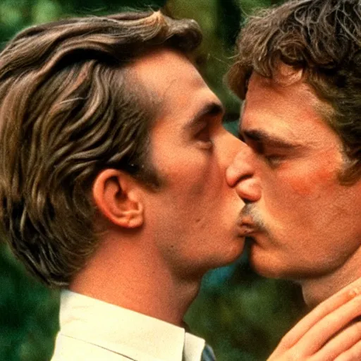 Prompt: Classic film still of a passionate kiss between two lovers, art-house aesthetic, Palme d'Or winner, color grain