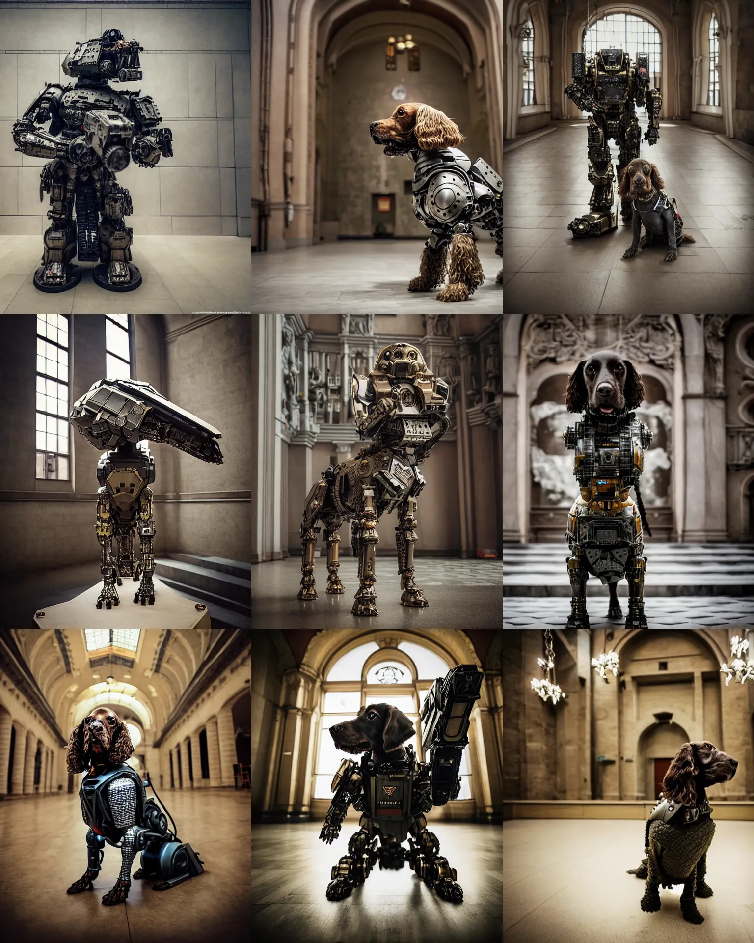 Prompt: epic pose!!! armored cyborg warmachine battle cocker spaniel superdog, in legnica city hall, full body, cinematic focus, polaroid photo, vintage, neutral dull colors, soft lights, by oleg oprisco, by thomas peschak, by discovery channel, by victor enrich, by gregory crewdson