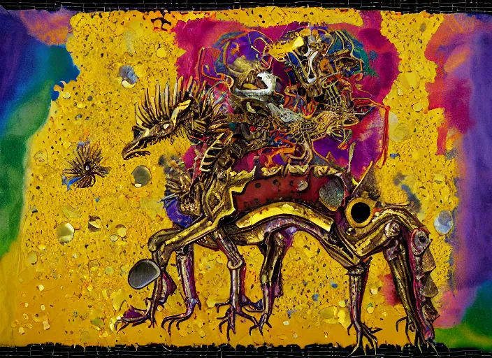 Prompt: expressionistic decollage painting golden armor alien zombie horseman riding on a crystal bone dragon broken rainbow diamond maggot horse in a blossoming meadow full of colorful mushrooms and golden foil toad blobs in a golden sunset, distant forest horizon, painted by Mark Rothko, Helen Frankenthaler, Danny Fox and Hilma af Klint, graffiti buff, pixel, glitch, semiabstract, color field painting, byzantine art, microsoft paint art, pop art look, naive, outsider art, very coherent symmetrical artwork. Bekinski painting, part by Philip Guston and Adrian Ghenie, art by George Condo, 8k, extreme detail, intricate detail, masterpiece