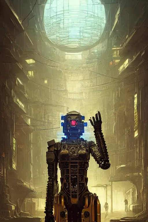 Prompt: A cyberpunk very highly detailed robot with very highly detailed face in the Tavern in a very highly detailed cyberpunk middle age sci-fi style, digital rational painting art by Greg Rutkowski, sci-fi highly detailed, digital concept art, Dimensional cyan gold natural light, sharp focus, Golden Ratio illustration, realistic concept art by Stephen Hickman and James Gurney and Hiromasa Ogura Ghost in the Shell rendered in Octane Render, From the distance