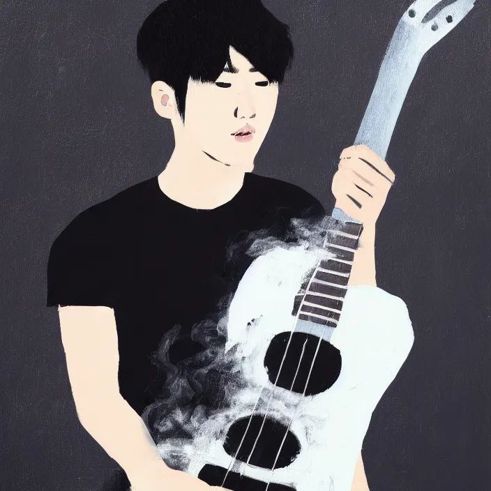 Image similar to minimal painting of a young korean man wearing black t shirt holding an electric guitar!!, dark background, huge brush strokes, dramatic smoke everywhere, matte colors, dramatic brush strokes, abstract, trending on artstation