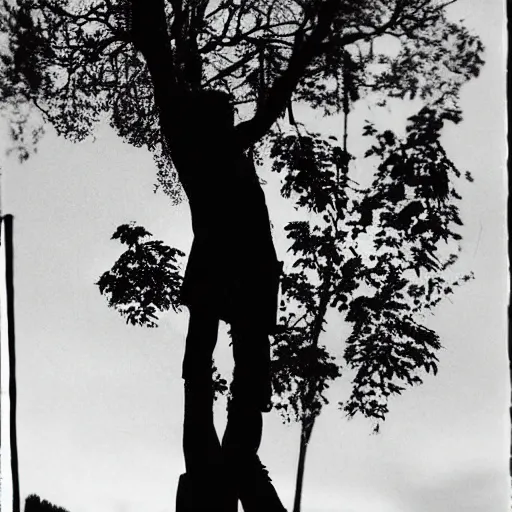 Prompt: bert jansch perched up on a tree branch at night 2 0 meters in the distance, flash photography, haunted image