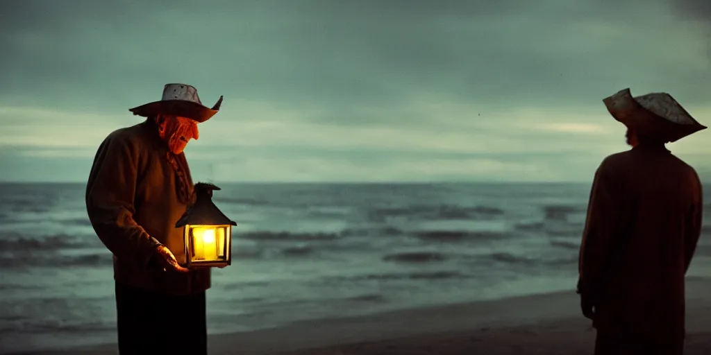 Image similar to film still of closeup old man holding up lantern by his beach hut at night. pirate ship in the ocean by emmanuel lubezki