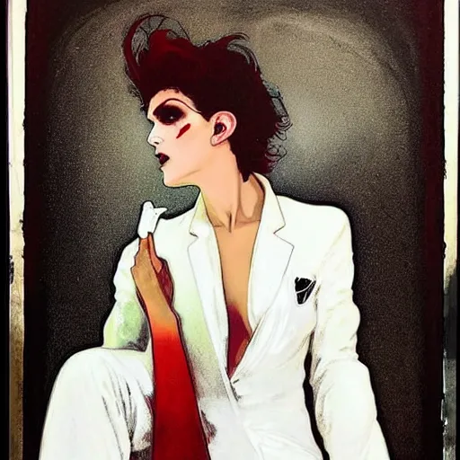 Prompt: stunning portrait of androgynous ruby rose as desire from sandman in a white tuxedo!!!, rockabilly style,, by alphonse mucha, by jeremy mann, by peter lindbergh, dave mckean, by maurice sapiro, by frank moth, white suit and black tie, soft lightning, high detailed, 8 k