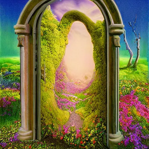 Image similar to A magical Doorway to the land of the pixies , surrealism,