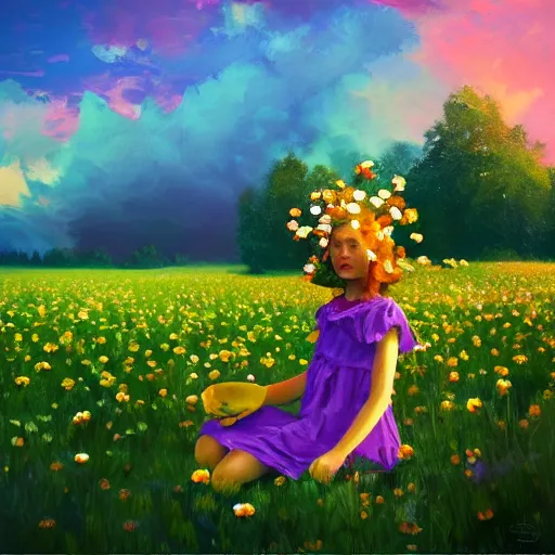 Image similar to giant daisy flower head, girl sitting in a flower field, surreal photography, sunrise, dramatic light, impressionist painting, colorful clouds, digital painting, artstation, simon stalenhag