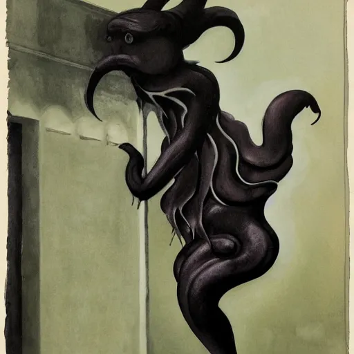 Image similar to close up of a black scary chimera in a temple, art nouveau wallpaper, dripping watercolor by gottfried helnwein, by hammershøi, highly detailed, lights by edward hopper, liminal, eerie, pastel colors, limited palette