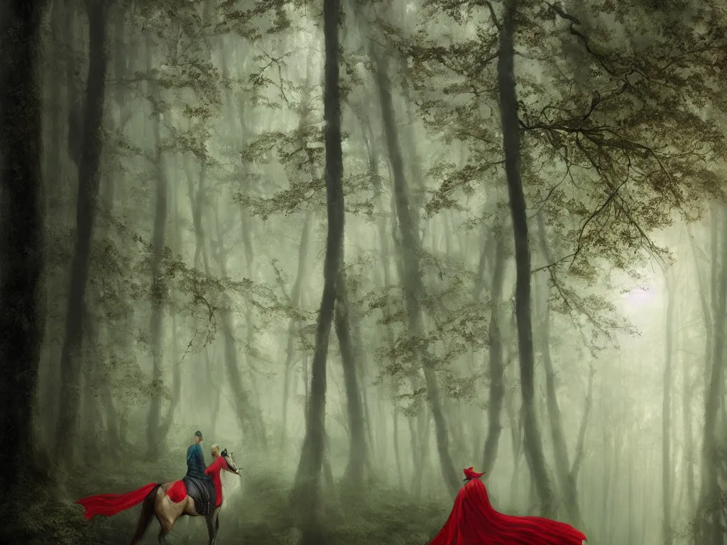 Prompt: serene green oak and beech forest, mysterious female beauty on a horse wearing a red cap slowly rides through the forest, rays of life, cinematic, fantasy art, moody evening light, foggy, trending on artstation, by esao andrews, by naoto hatori, by tyler jacobson