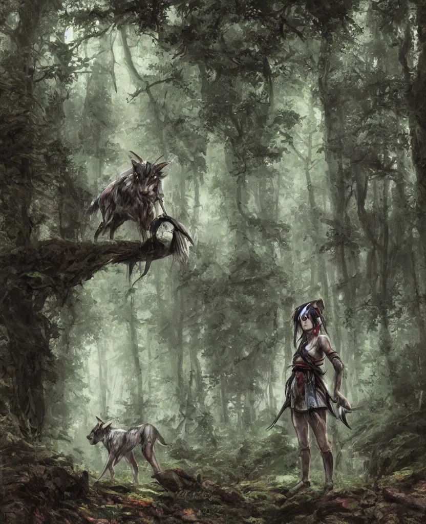 Image similar to portrait of fierce Princess Mononoke, fully clothed in armor, lush forest landscape, painted by james gurney, denoised, sharp, architectural