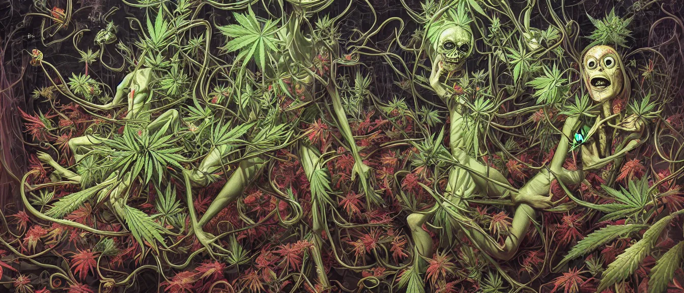 Prompt: cannabis paranoia, nightmare anomalies, venus flytrap by dariusz zawadzki, kenneth blom, mental alchemy, james jean, pablo amaringo, naudline pierre, contemporary art, hyper detailed