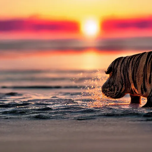 Image similar to a closeup photorealistic photograph of a cute stylish tiger hippo playing volleyball at the beach during sunset. Surf in the background. This 4K HD image is Trending on Artstation, featured on Behance, well-rendered, extra crisp, features intricate detail and the style of Unreal Engine.