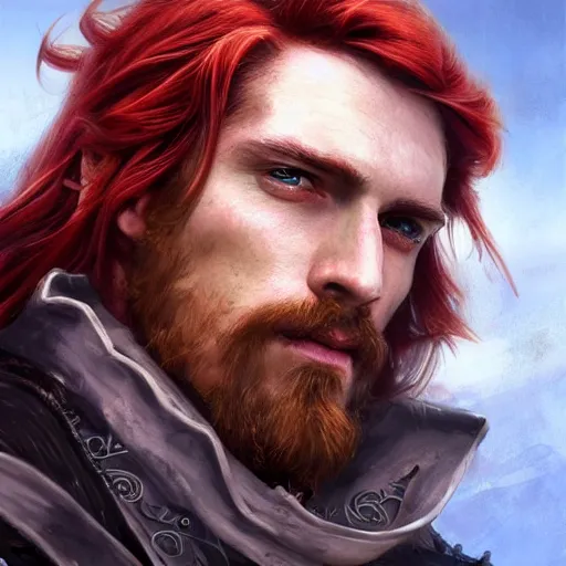 Image similar to portrait of a young pirate, 30 years old, male, ruggedly handsome, masculine, upper body, red hair, long hair, D&D, fantasy, intricate, elegant, highly detailed, cinematic lighting, digital painting, artstation, concept art, seductive, cutscene, sharp focus, illustration, art by Artgerm and Greg Rutkowski and Alphonse Mucha