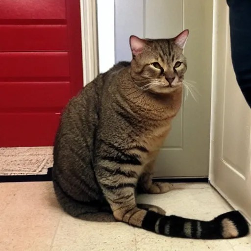 Image similar to gigantic fat cat blocking the doorway, annoyed human staring at the giant cat blocking the door