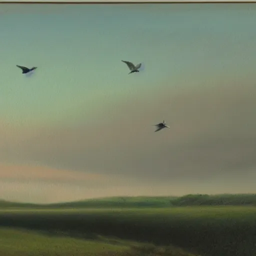 Image similar to a pastel painting of a flock of common swift flying over fields, oceans, and forests