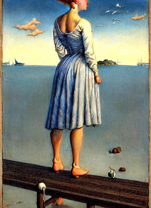 Image similar to a fancy beautiful young lady standing on a wharf at the edge of the sea by rob gonsalves and brom and gil elvgren and george petty and hilo chen and norman rockwell, crisp details, hyperrealism, high detail, high contrast, low light, grey mist, cobblestones, dim lantern