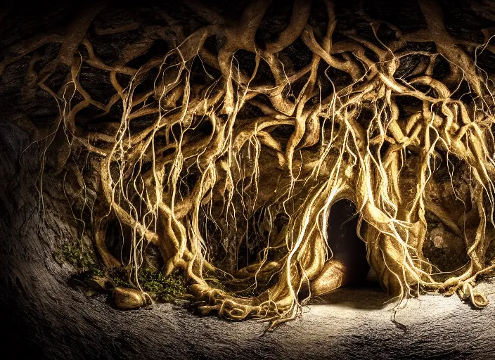 Prompt: photo of roots growing down from a ceiling in an underground cavern wrapped around a woman. Fantasy magic horror style. Highly detailed 8k. Intricate. Nikon d850 55mm. Award winning photography. Nekro