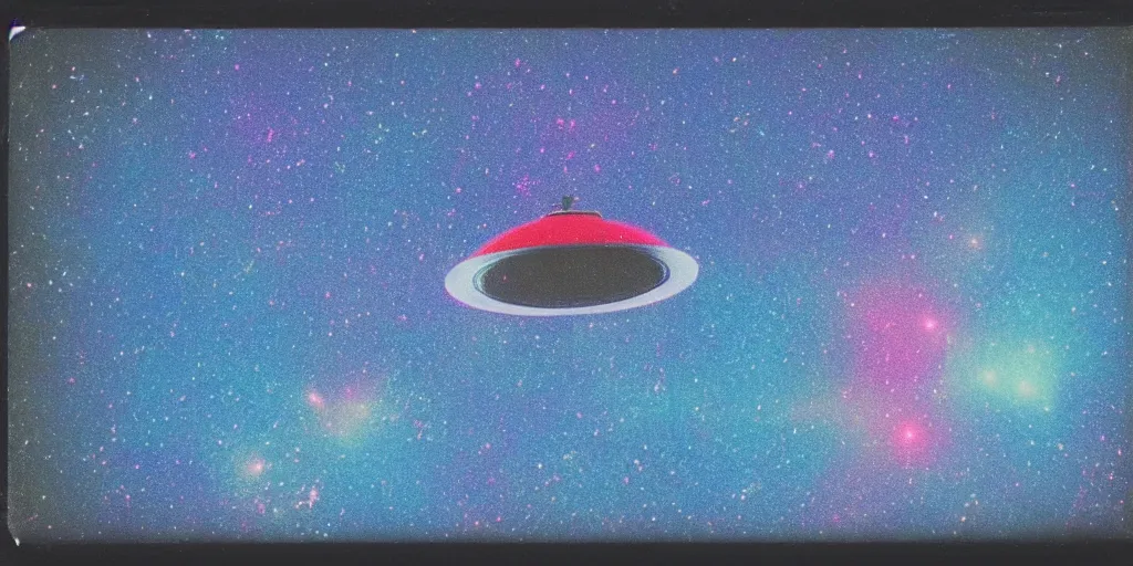 Image similar to polaroid photo of an ufo in a colourful galaxy, twinkling stars, cyan blue pink and red color bleed, slight lens glare