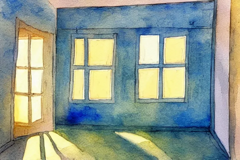 Image similar to rays of the morning sun shining through the window of the village house. very beautiful, clear sky, warm shiny colors, watercolor drawing