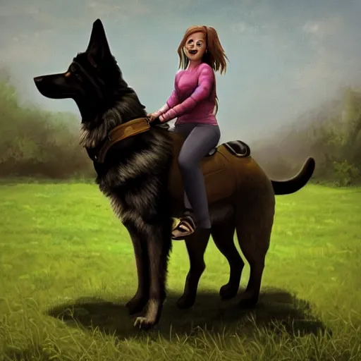 Image similar to girl riding a giant German shepherd in the park, trending on artstation