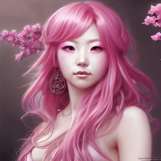 Image similar to Portrait of japanese gyaru, D&D, dark fantasy, pink hair, sakura blooming on background, intricate, elegant, highly detailed, digital painting, artstation, concept art, smooth, sharp focus, illustration, art by artgerm and greg rutkowski and alphonse mucha