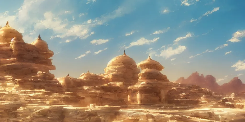 Image similar to a stunning desert landscape with an arabian palace on the horizon by makoto shinkai