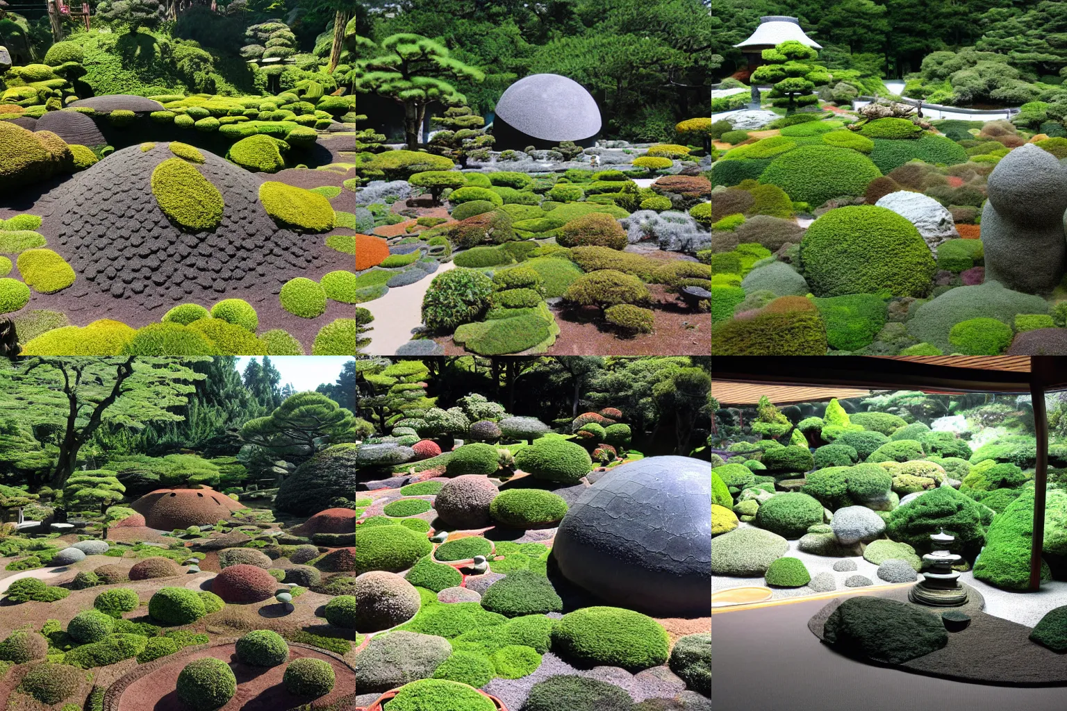 Prompt: lunar landscape with biodome of japanese tea garden in middle