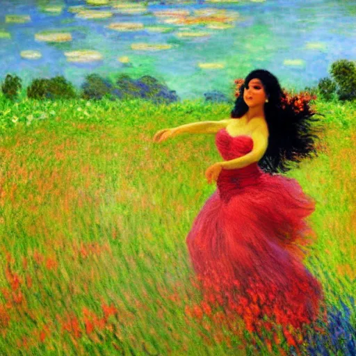 Image similar to beautiful tan mexican woman, landscape, dancing in a field of dragon lily, prominent rosy cheek bones, black hair and brown eyes, monet and da vinchi art style,