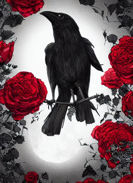 Image similar to portrait, A crow with red eyes in front of the full big moon, book cover, red roses, red white black colors, establishing shot, extremly high detail, foto realistic, cinematic lighting, pen and ink, intricate line drawings, by Yoshitaka Amano, Ruan Jia, Kentaro Miura, Artgerm, post processed, concept art, artstation, matte painting, style by eddie mendoza, raphael lacoste, alex ross